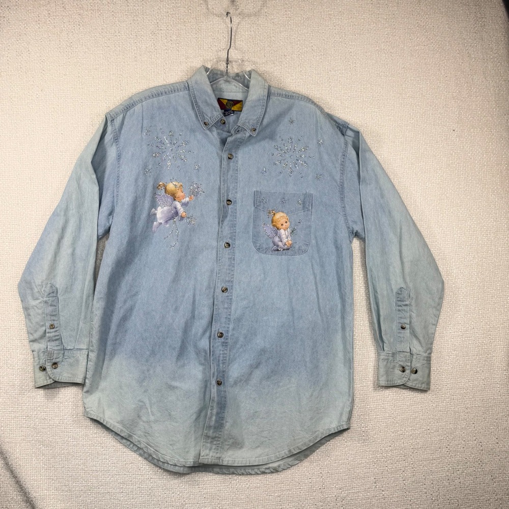 Camp Creek Womens Medium Blue Denim Angel Snowflake Glitter Button Down Shirt